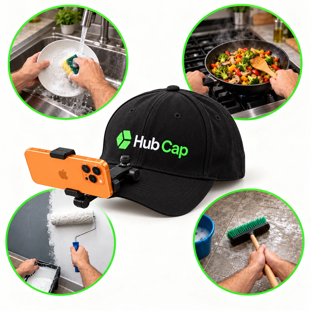 Boné com suporte para celular HubCap segurando um celular, com quatro exemplos de uso em primeira pessoa: lavar louça, cozinhar, pintar parede e varrer